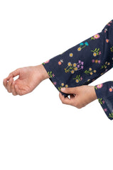 Plum Khaddar Dark Blue colour printed Pink Purple White Flowers with Pink buttons on 2pc stitched suit for Girls.