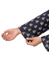 Plum Khaddar Navy Blue colour printed Mustard Yellow Flowers with Blue buttons on 2pc stitched suit for Girls