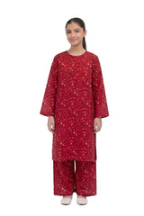 Plum Khaddar Red colour printed White Red Blue Flowers with Red buttons on 2pc stitched suit for Girls.