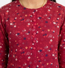 Plum Khaddar Red colour printed White Red Blue Flowers with Red buttons on 2pc stitched suit for Girls.