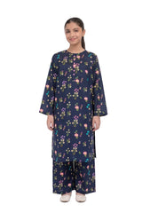 Plum Khaddar Dark Blue colour printed Pink Purple White Flowers with Pink buttons on 2pc stitched suit for Girls.