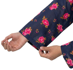 Plum Khaddar Dark Blue Colour printed Pink flowers embroidered with Light Pink threads on 2pc stitched suit for Girls