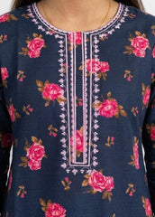 Plum Khaddar Dark Blue Colour printed Pink flowers embroidered with Light Pink threads on 2pc stitched suit for Girls