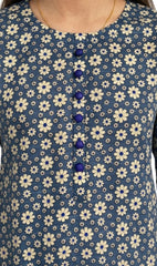 Plum Khaddar Grey colour printed Yellow & Blue flowers with Blue buttons on 2pc stitched suit for Girls