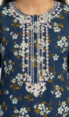 Plum Khaddar Teal Colour printed White & Mustsrd flowers embroidered with White threads on 2pc stitched suit for Girls
