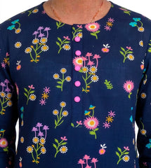 Plum Khaddar Dark Blue colour printed Pink Purple White Flowers with Pink buttons on 2pc stitched suit for Girls.