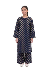 Plum Khaddar Navy Blue colour printed Mustard Yellow Flowers with Blue buttons on 2pc stitched suit for Girls