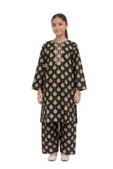 Plum Khaddar Back Colour printed Beige & Yellow patterns embroidered with Beige threads on 2pc stitched suit for Girls
