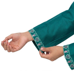 Plum Khaddar Teal Colour embroidered with Green & Pink threads on 2pc stitched suit for Girls.
