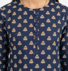 Plum Khaddar Navy Blue colour printed Mustard Yellow Flowers with Blue buttons on 2pc stitched suit for Girls